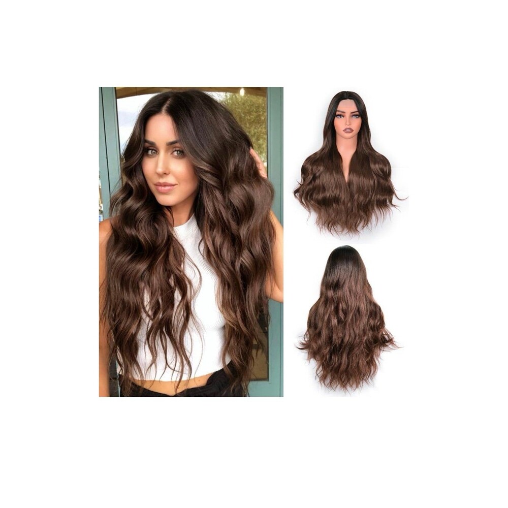 Ombre Brown Wavy Wig for Women 28 Inches Synthetic Curly Middle Part Long Wig